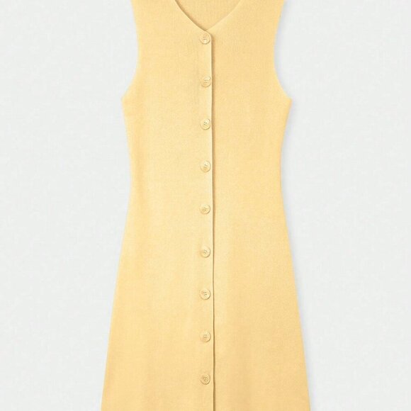 Yellow Casual Women's knit button detailed Pullover mini dress - Picture 9 of 11